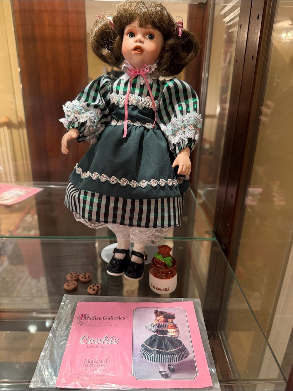 Vintage Cookie Paradise Galleries Porcelain Doll in Green Striped Dress